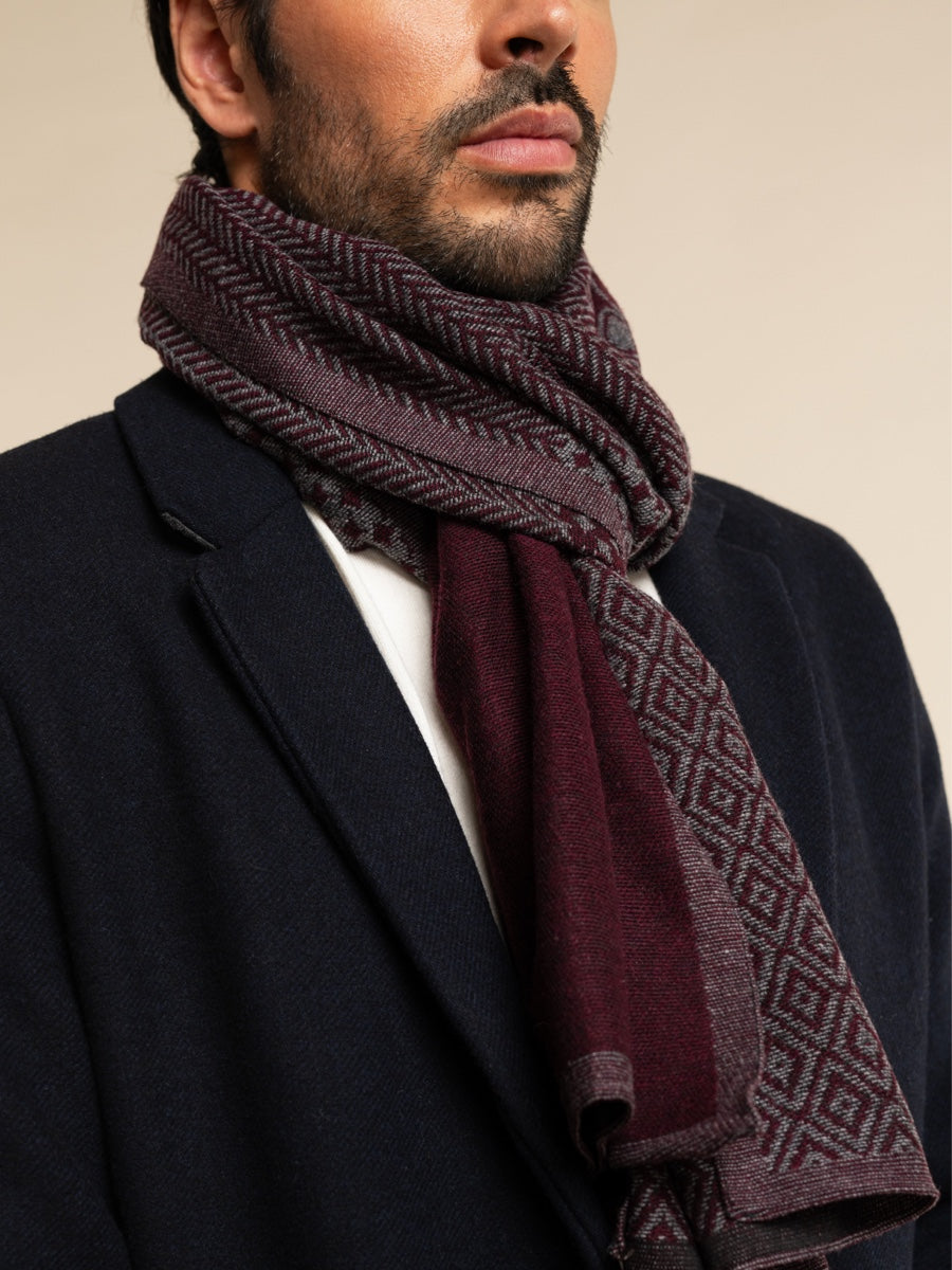 Bruno (grey/red) - warm and soft Italian scarf from wool blend - Leather Gloves Online - Luxury Silk Scarf - 8