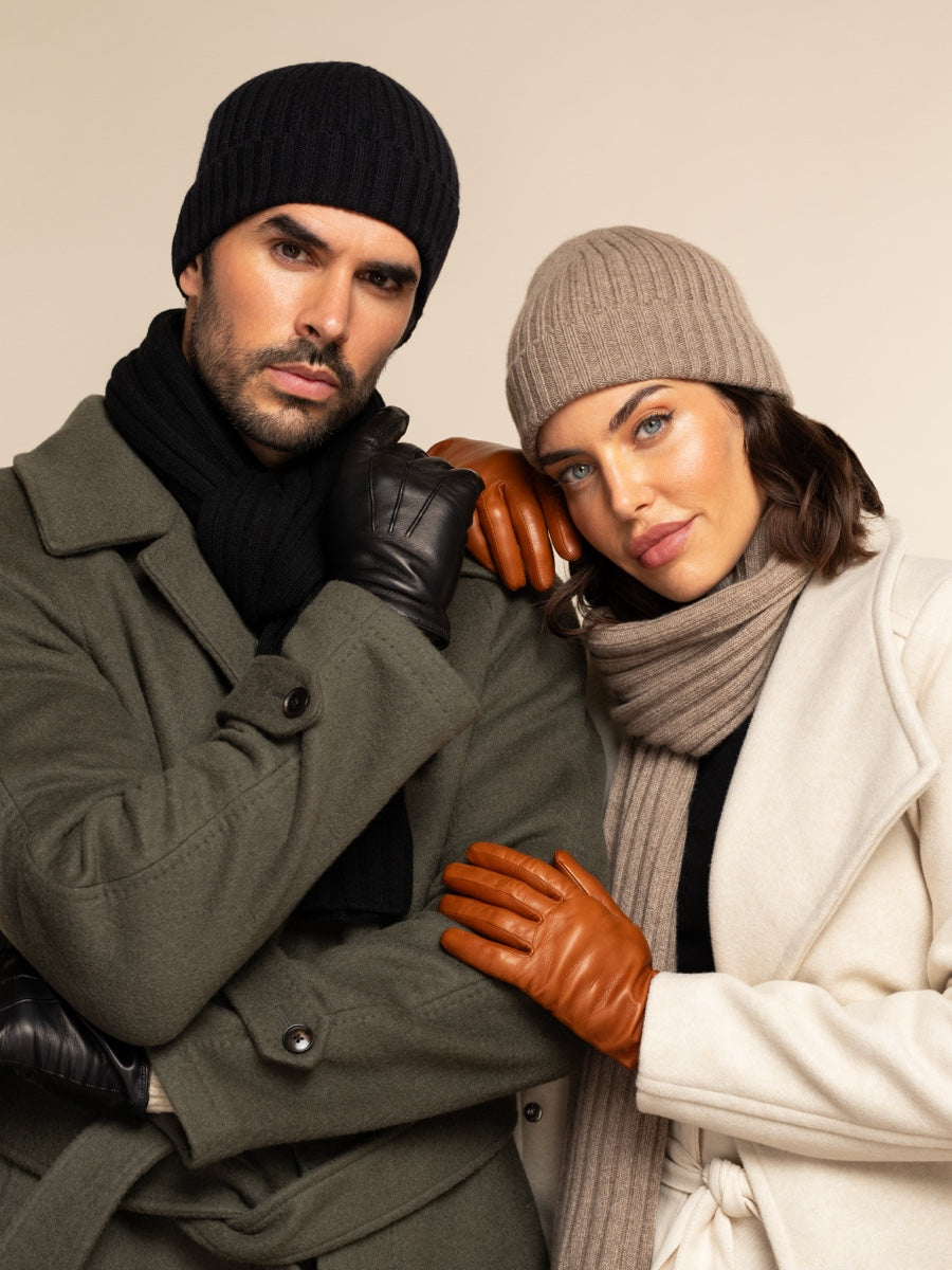 Napoli (black) - 100% cashmere ribbed scarf (unisex)- Leather Gloves Online - Luxury Beanie - 14