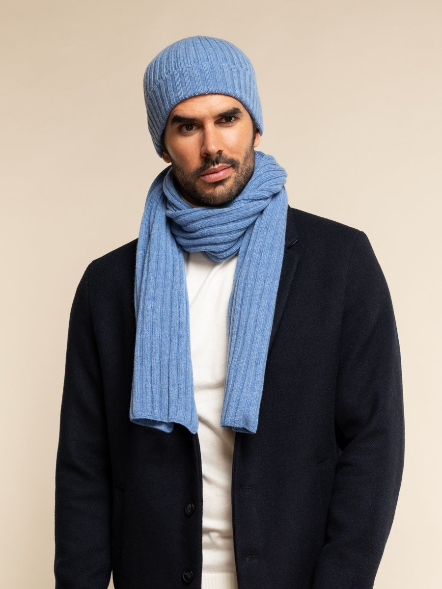 Napoli (light blue) - 100% cashmere ribbed scarf (unisex)- Leather Gloves Online - Luxury Italian Scarf - 11