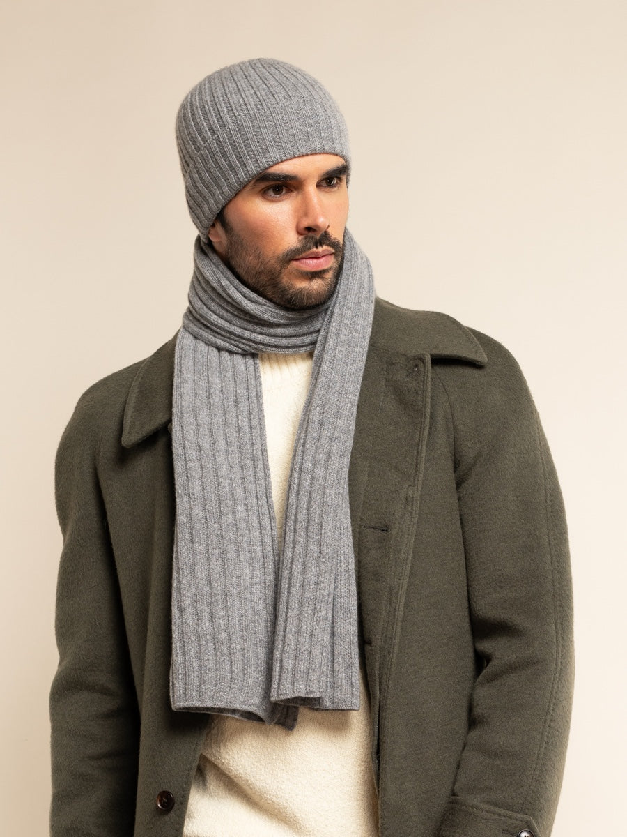 Napoli (light grey) - 100% cashmere ribbed scarf (unisex)- Leather Gloves Online - Luxury Italian Scarf - 10