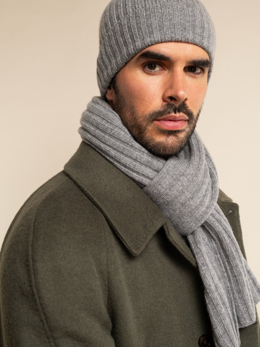 Napoli (light grey) - 100% cashmere ribbed scarf (unisex)- Leather Gloves Online - Luxury Italian Scarf - 12