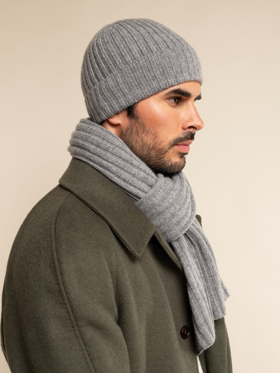 Napoli (light grey) - 100% cashmere ribbed scarf (unisex)- Leather Gloves Online - Luxury Italian Scarf - 17