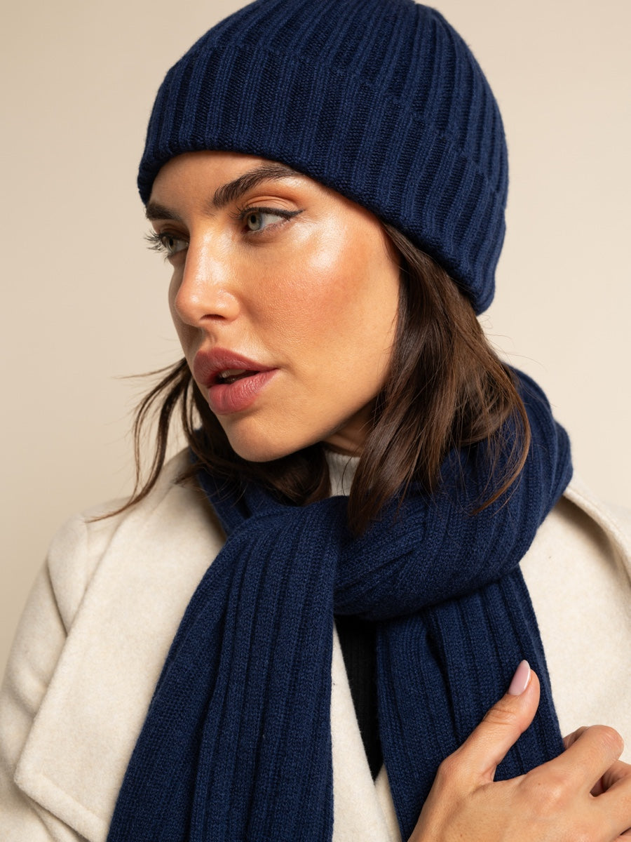 Napoli (navy blue) - 100% cashmere ribbed scarf (unisex)- Leather Gloves Online - Luxury Italian Scarf - 10