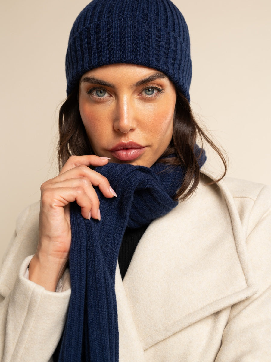 Napoli (navy blue) - 100% cashmere ribbed scarf (unisex)- Leather Gloves Online - Luxury Italian Scarf - 17