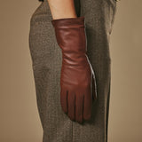 Skylar (brown) – Extra-long sheepskin leather gloves with wool/cashmere lining & touchscreen capability