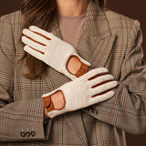 Valeria (cognac) - Hand-sewn Italian crochet driving gloves from lambskin leather - Leather Gloves Online - Luxury Leather Gloves - 8