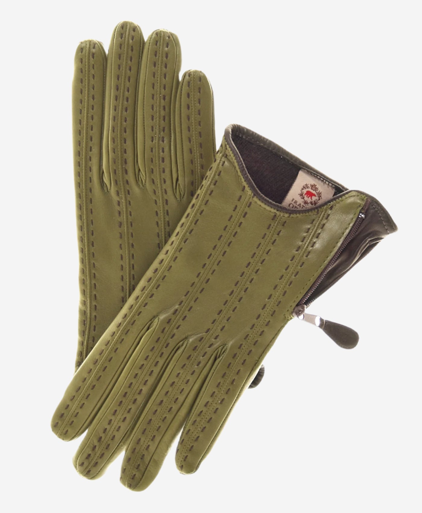 CA4348 (olive) - Women's Italian Cashmere Lined Leather Gloves  with Side Zipper - Leather Gloves Online - Luxury Leather Gloves - 1