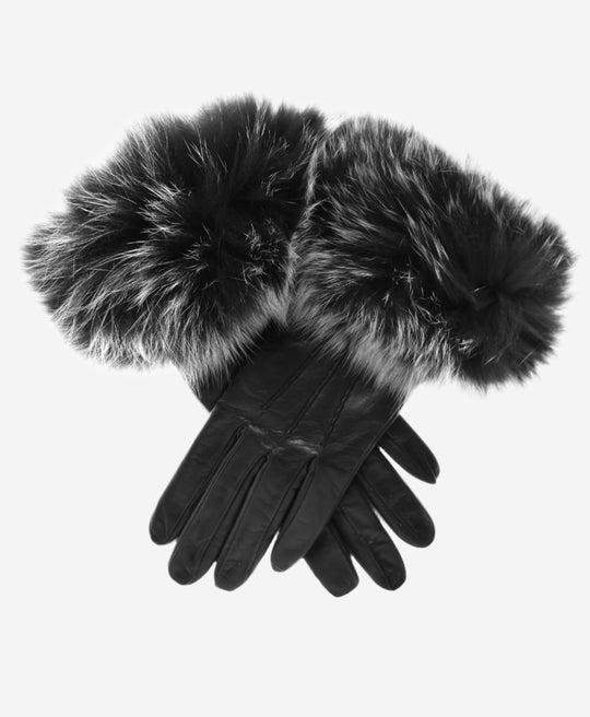 CC4066 (black) - Women's Italian Fox Fur Cuff Cashmere Lined Leather Gloves