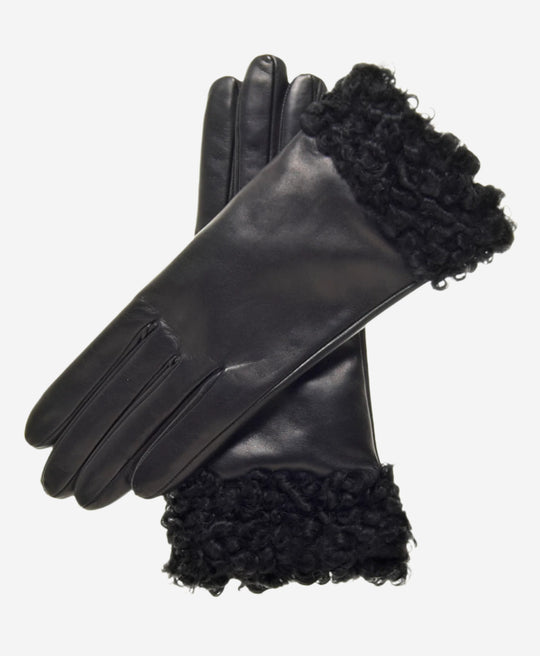 CC4172 (black) - Women's Cashmere Lined Leather Gloves with Persian Lamb Cuffs