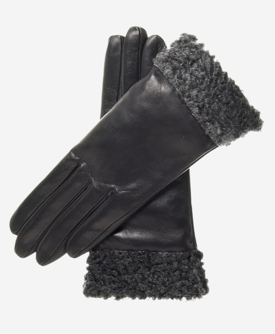 CC4172 (black/silver) - Women's Cashmere Lined Leather Gloves with Persian Lamb Cuffs