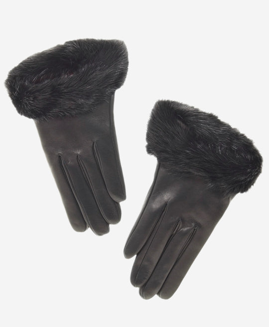 CC4327 (black) - Women’s Lambskin Winter Gloves Cashmere Lined with Rabbit Fur Cuff