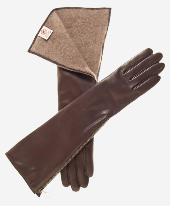 CC4879W8 (brown) - Elbow Length Italian Cashmere Lined Gloves with Side Zipper