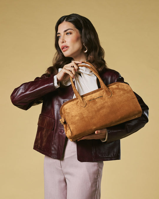 Chiara (cognac) - Italian calf suede women's handbag (with shoulder strap)