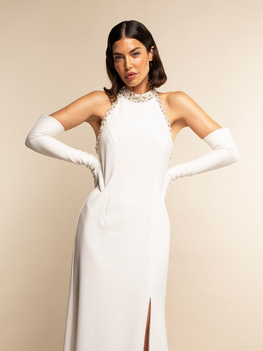 Angelina (white) - Italian silk lined 16-button length leather bridal / opera gloves