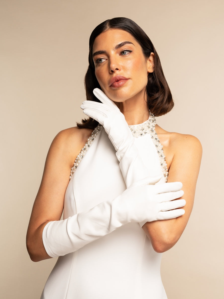 Angelina (white) - Italian silk lined 8-button length leather bridal / opera gloves - Leather Gloves Online - Luxury Leather Gloves - 7