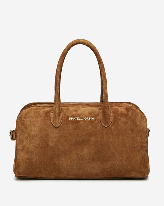 Chiara (cognac) - Italian calf suede women's handbag (with shoulder strap)