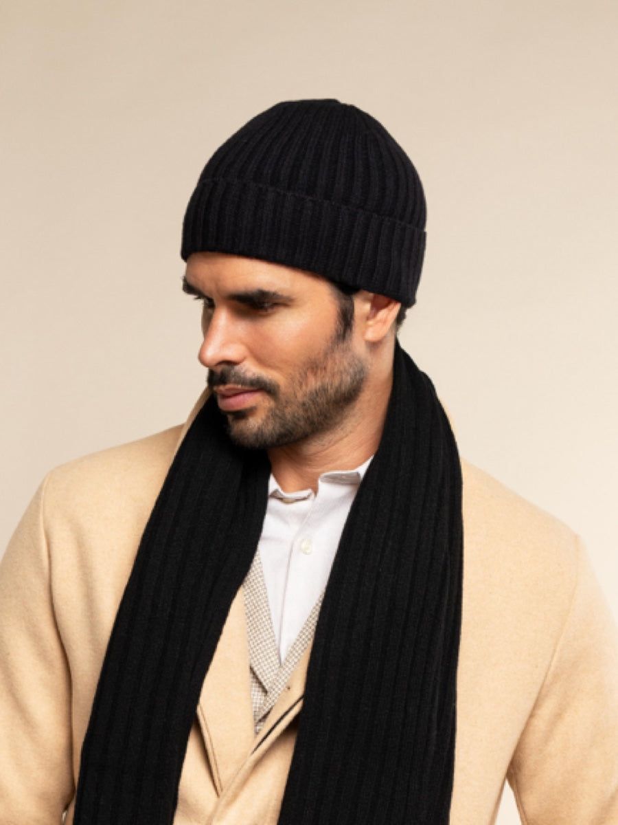 Milano (black) - 100% cashmere ribbed beanie (unisex)  - Leather Gloves Online - Luxury Beanie - 12
