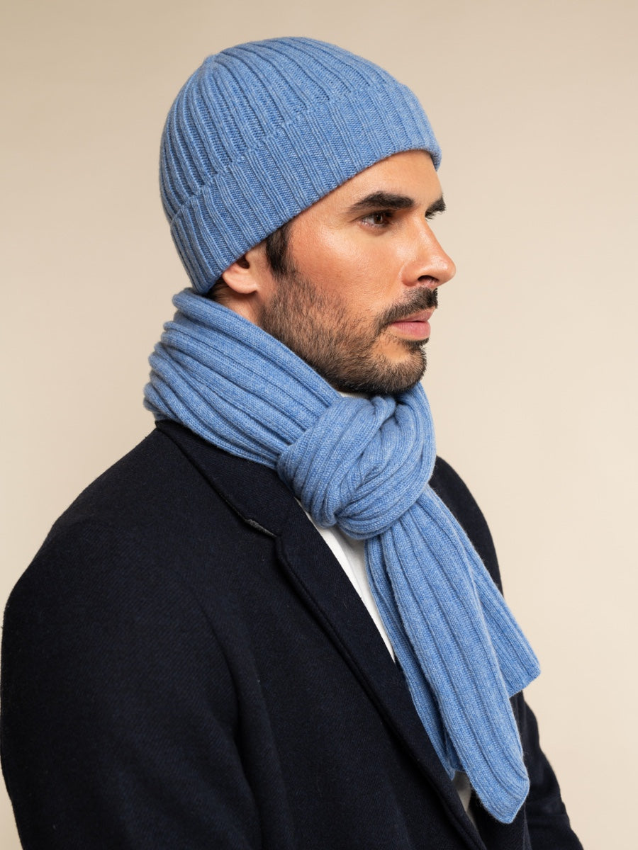 Milano (light blue) - 100% cashmere ribbed beanie (unisex) - Leather Gloves Online - Luxury Beanie - 7