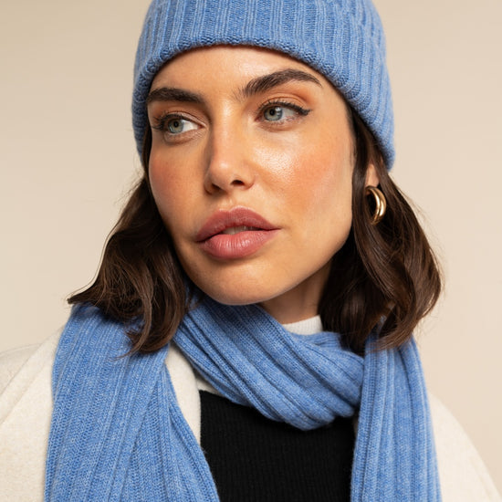 Milano (light blue) - 100% cashmere ribbed beanie (unisex) - Leather Gloves Online - Luxury Beanie - 10