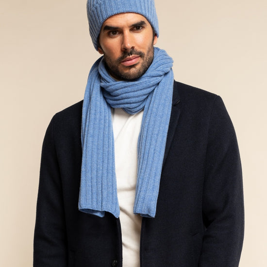 Milano (light blue) - 100% cashmere ribbed beanie (unisex) - Leather Gloves Online - Luxury Beanie - 12