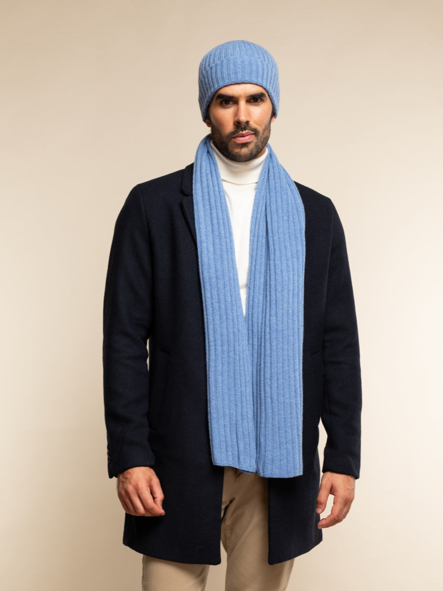 Milano (light blue) - 100% cashmere ribbed beanie (unisex) - Leather Gloves Online - Luxury Beanie - 15