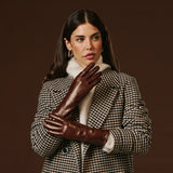 Camilla (brown) - Italian long leather winter gloves with luxurious cashmere lining
