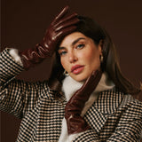Camilla (brown) - Italian long leather winter gloves with luxurious cashmere lining