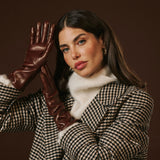 Camilla (brown) - Italian long leather winter gloves with luxurious cashmere lining