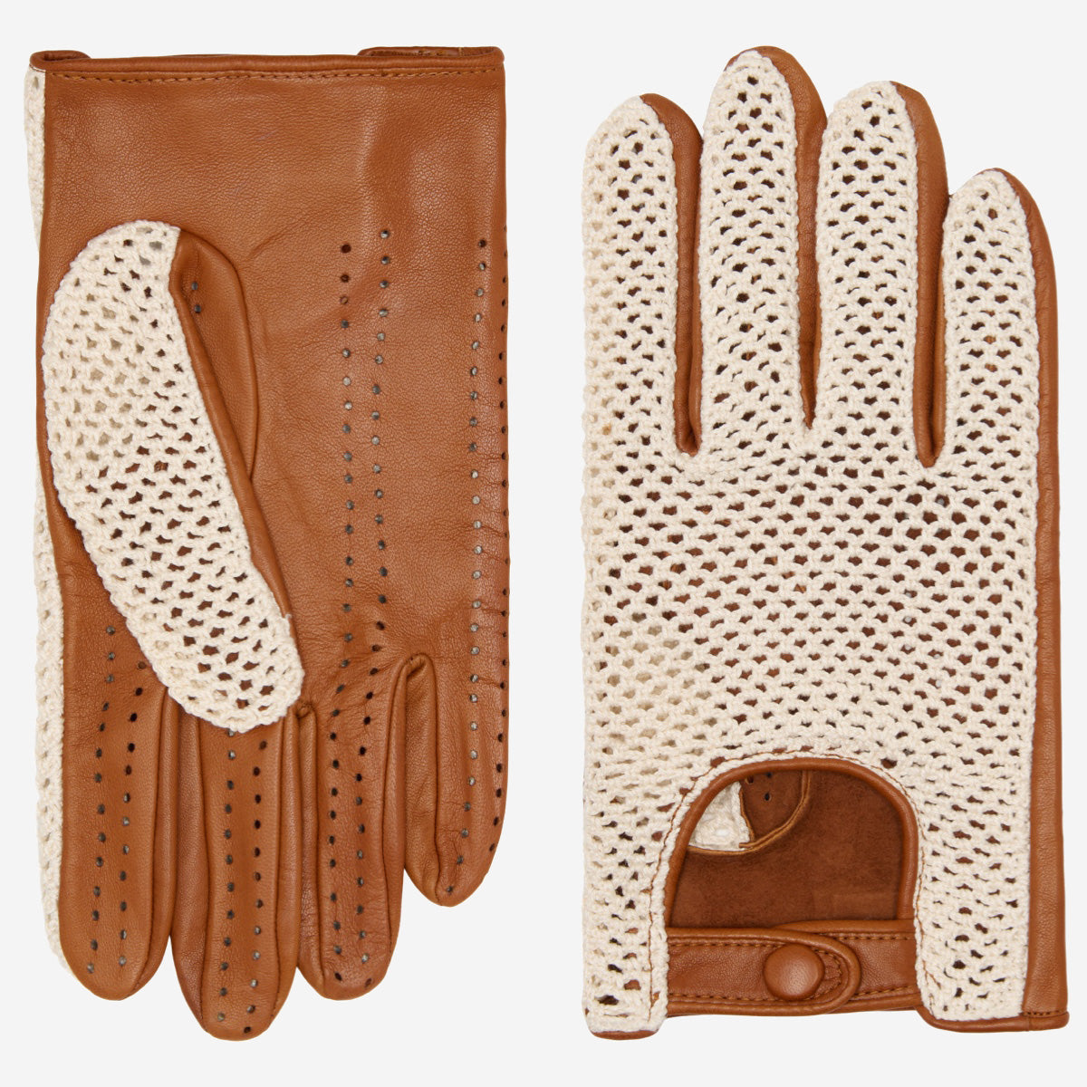 Valeria (cognac) - Hand-sewn Italian crochet driving gloves from lambskin leather - Leather Gloves Online - Luxury Leather Gloves - 1