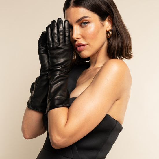 Elena (black) - Italian silk lined 6-button length leather opera gloves - Leather Gloves Online - Luxury Leather Gloves - 2