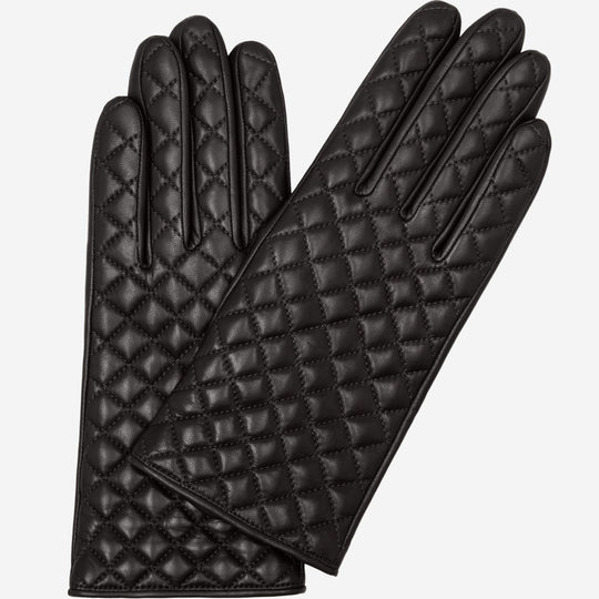Emilia (black) - Classic Italian lambskin leather gloves with cashmere lining and checkered pattern