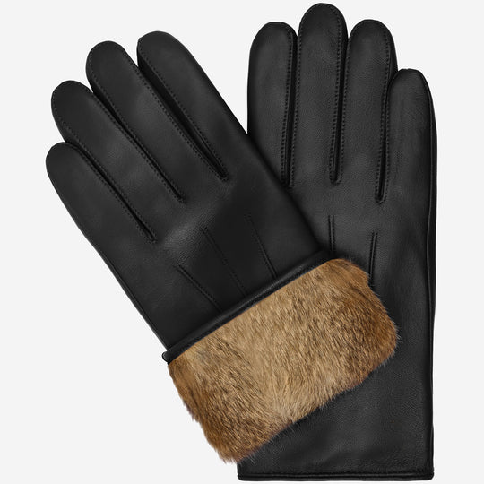 Ezra (black) - Lambskin leather gloves with warm rabbit fur lining and touchscreen feature