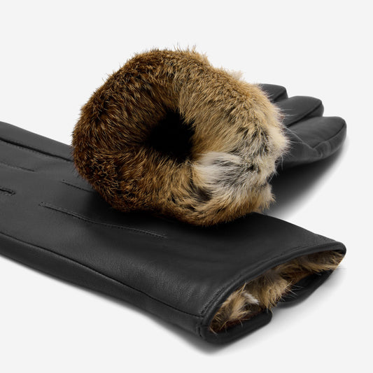 Ezra (black) - Lambskin leather gloves with warm rabbit fur lining and touchscreen feature