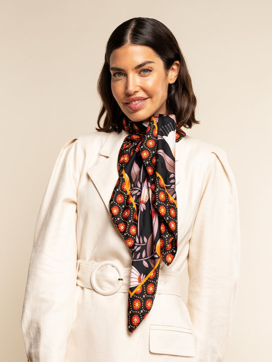 Bruna (black/orange)- Soft and lightweight Italian foulard from pure silk