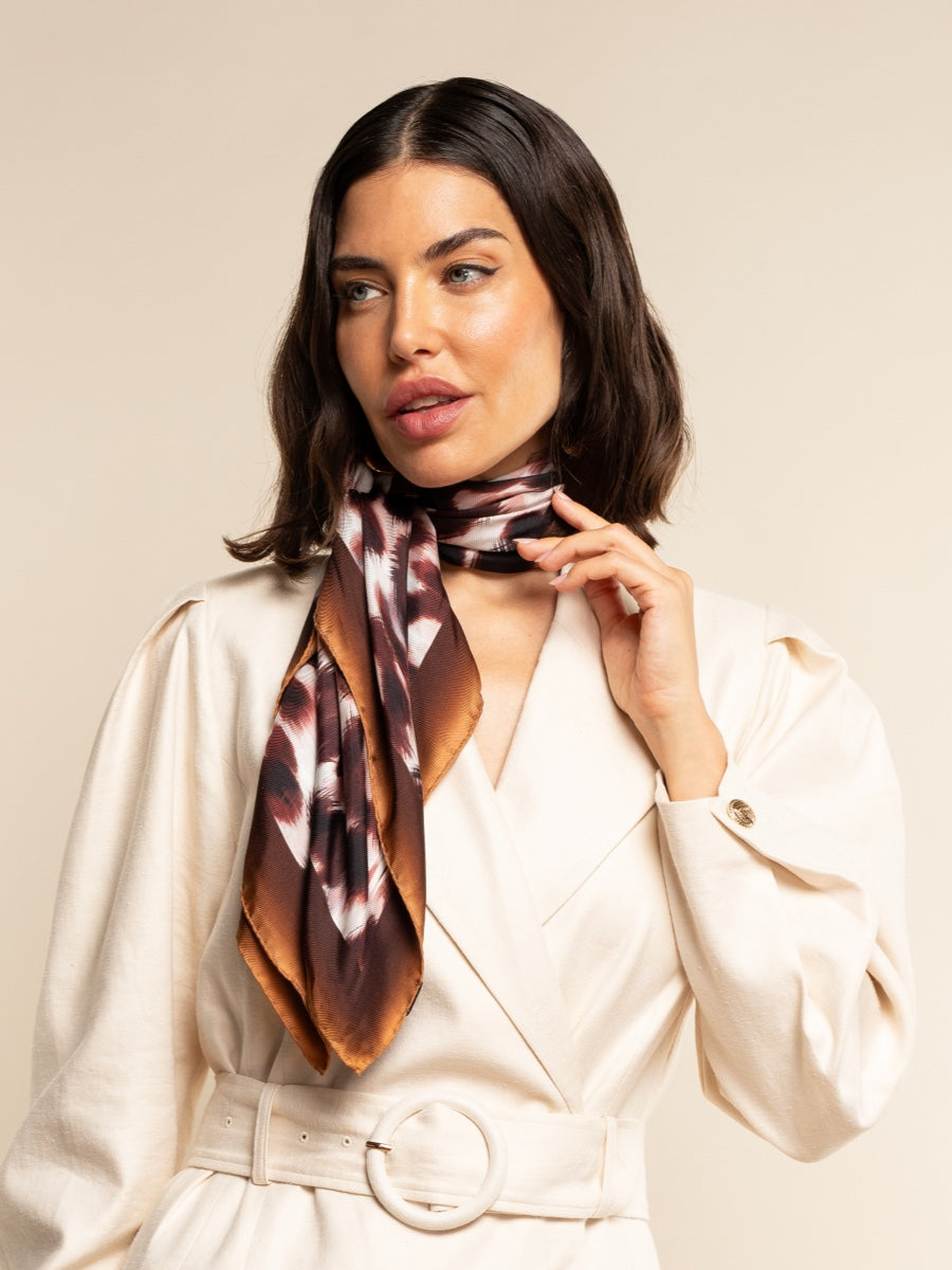 Bruna (brown/orange)- soft and lightweight Italian foulard from pure silk - Leather Gloves Online - Luxury Silk Scarf - 1