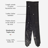Elena (black) - Italian silk lined 12-button length leather opera gloves