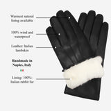 Francesca (black) - Italian lambskin leather gloves with white rabbit fur lining