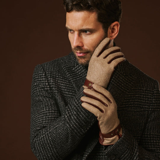 Fabrizio (brown) - Italian tweed men’s gloves with touchscreen capability and adjustable snap button