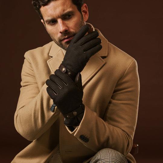 Fabrizio (dark brown) - Italian tweed men’s gloves with touchscreen capability and adjustable snap button