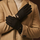 Fabrizio (dark brown) - Tweed men's gloves with touchscreen capability and adjustable snap button