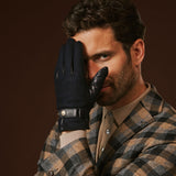 Fabrizio (navy blue) - Tweed men's gloves with touchscreen capability and adjustable snap button
