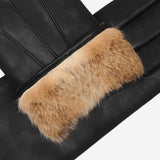 Francesca (black) - Italian lambskin leather gloves with brown rabbit fur lining