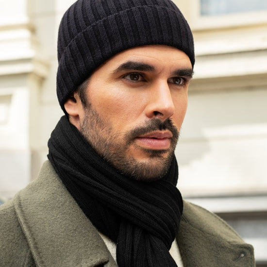 Milano (black) - 100% cashmere ribbed beanie (unisex)  - Leather Gloves Online - Luxury Beanie - 13