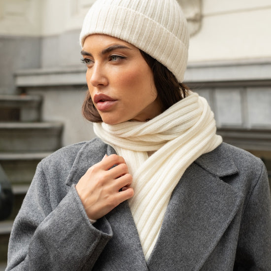 Napoli (cream) - 100% cashmere ribbed scarf (unisex)- Leather Gloves Online - Luxury Italian Scarf - 9