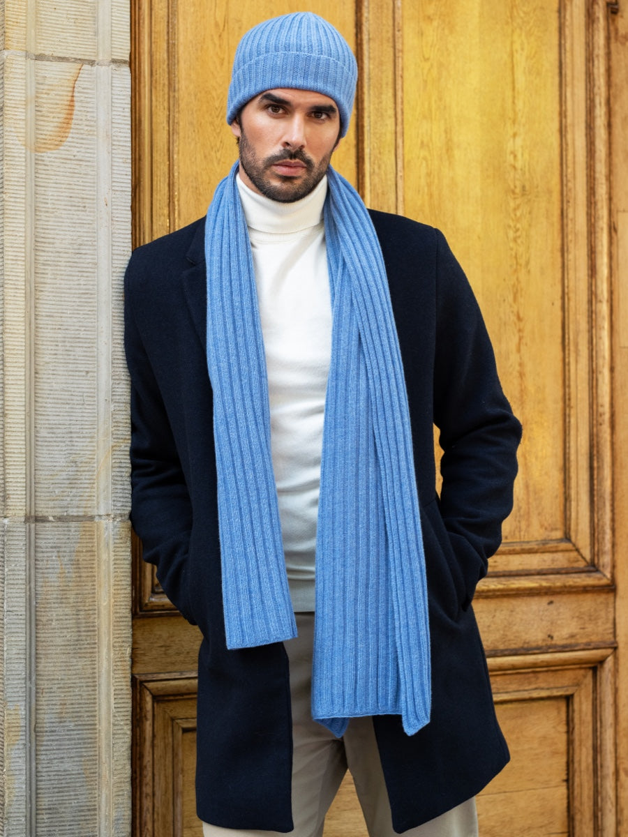 Milano (light blue) - 100% cashmere ribbed beanie (unisex) - Leather Gloves Online - Luxury Beanie - 11