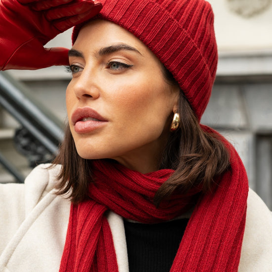 Milano (red) - 100% cashmere ribbed beanie (unisex) - Leather Gloves Online - Luxury Beanie - 13