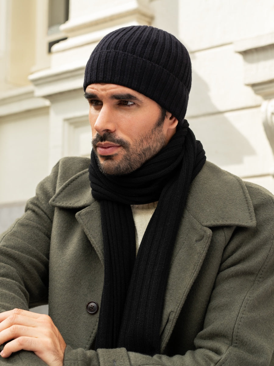 Milano (black) - 100% cashmere ribbed beanie (unisex)  - Leather Gloves Online - Luxury Beanie - 8