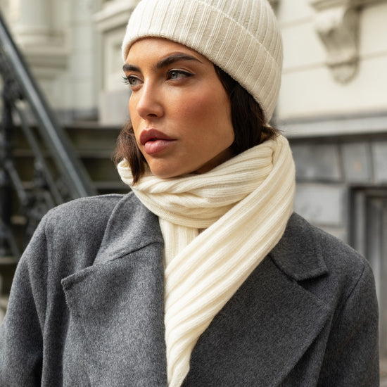 Napoli (cream) - 100% cashmere ribbed scarf (unisex)- Leather Gloves Online - Luxury Italian Scarf - 13