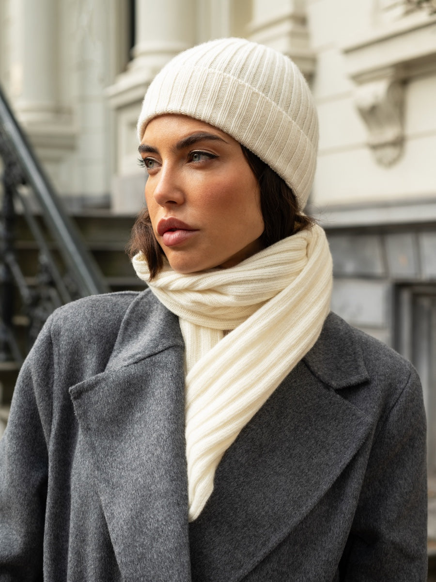 Napoli (cream) - 100% cashmere ribbed scarf (unisex)- Leather Gloves Online - Luxury Italian Scarf - 13
