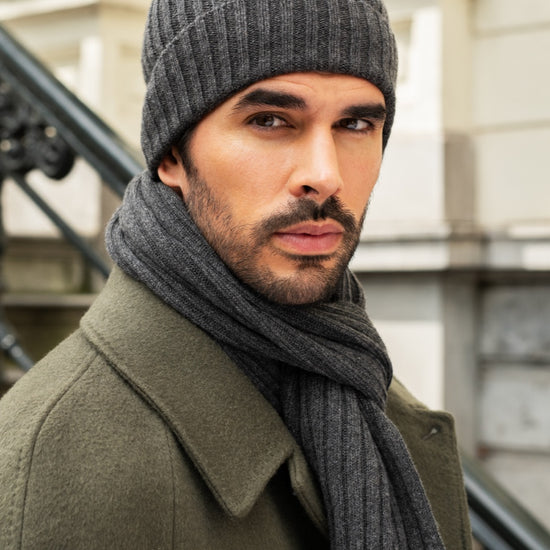 Napoli (dark grey) - 100% cashmere ribbed scarf (unisex)- Leather Gloves Online - Luxury Italian Scarf - 17